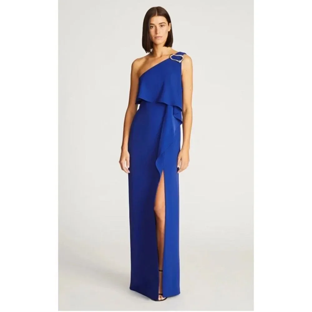 Halston Prussian Blue Joelle One-Shoulder Fluid Crepe Gown Size 2 NWT